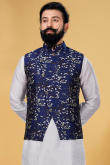 Printed Poly Cotton Navy Blue Men Waist Coat