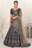 Printed Prussian Blue Satin Panelled Style Lehenga