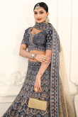 Printed Prussian Blue Satin Panelled Style Lehenga