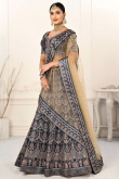 Printed Prussian Blue Satin Panelled Style Lehenga
