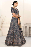 Printed Prussian Blue Satin Panelled Style Lehenga