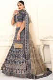 Printed Prussian Blue Satin Panelled Style Lehenga