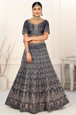 Printed Prussian Blue Satin Panelled Style Lehenga