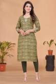 Printed Rayon Olive Green Ready Made Straight Cut Kurti