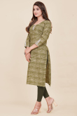 Printed Rayon Olive Green Ready Made Straight Cut Kurti