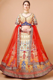 Printed Satin Silk Cream Panelled Style Lehenga