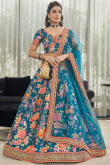 Printed Teal Blue Art Silk Panelled Style Lehenga