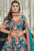 Printed Teal Blue Art Silk Panelled Style Lehenga