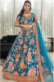 Printed Teal Blue Art Silk Panelled Style Lehenga