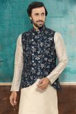 Printed Velvet Prussian Blue Men Waist Coat