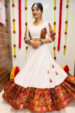 Printed White Flared Style Silk Chaniya Choli