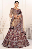 Printed Wine Maroon Satin Panelled Style Lehenga 