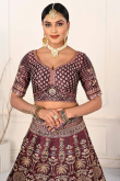 Printed Wine Maroon Satin Panelled Style Lehenga 