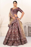 Printed Wine Maroon Satin Panelled Style Lehenga 