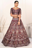 Printed Wine Maroon Satin Panelled Style Lehenga 