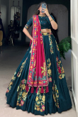 Prussian Blue A Line Silk Blend Printed Lehenga For Festival 