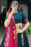 Prussian Blue A Line Silk Blend Printed Lehenga For Festival 
