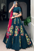 Prussian Blue A Line Silk Blend Printed Lehenga For Festival 