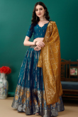 Prussian Blue Art Silk Woven Zari Panelled Style Lehenga