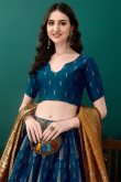 Prussian Blue Art Silk Woven Zari Panelled Style Lehenga