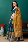 Prussian Blue Art Silk Woven Zari Panelled Style Lehenga