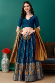 Prussian Blue Art Silk Woven Zari Panelled Style Lehenga