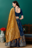 Prussian Blue Art Silk Woven Zari Panelled Style Lehenga