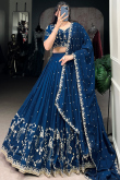 Prussian Blue Chinnon Lehenga with Sequins Work for Diwali