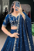 Prussian Blue Chinnon Lehenga with Sequins Work for Diwali