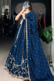 Prussian Blue Chinnon Lehenga with Sequins Work for Diwali