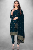Prussian Blue Georgette Embroidered Straight Cut Churidar Suit