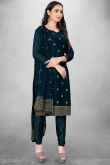 Prussian Blue Georgette Embroidered Straight Cut Churidar Suit