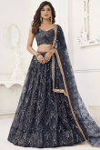 Prussian Blue Mirror Embroidered Net Flared Style Lehenga 