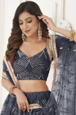 Prussian Blue Mirror Embroidered Net Flared Style Lehenga 