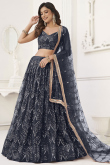 Prussian Blue Mirror Embroidered Net Flared Style Lehenga 