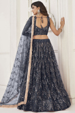 Prussian Blue Mirror Embroidered Net Flared Style Lehenga 
