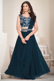 Prussian Blue Plain Georgette A Line Style Lehenga For Sangeet 