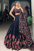 Prussian Blue Silk Blend Flared Style Printed Lehenga