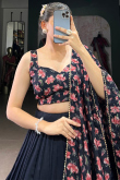 Prussian Blue Silk Blend Flared Style Printed Lehenga