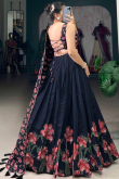 Prussian Blue Silk Blend Flared Style Printed Lehenga