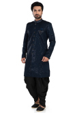 Prussian Blue Silk Embroidered Dhoti Style Men's Sherwani