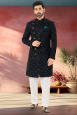 Prussian Blue Velvet Embroidered Straight Cut Men's Sherwani