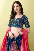 Prussian Blue Woven Zari Art Silk Panelled Style Lehenga