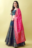 Prussian Blue Woven Zari Art Silk Panelled Style Lehenga
