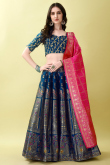 Prussian Blue Woven Zari Art Silk Panelled Style Lehenga