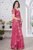 Punch Pink Net Saree with Stone Work for Wedding