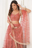 Punch Pink Sequins Embroidered Flared Style Net Lehenga