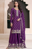 Purple Chinnon Sharara Suit With Sequins Work For Diwali