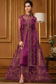 Purple Crepe Trouser Suit with Net Embroidered Jacket