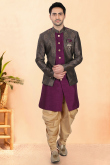 Purple Dupion Silk Men's Sherwani with Weaved Work for Sangeet